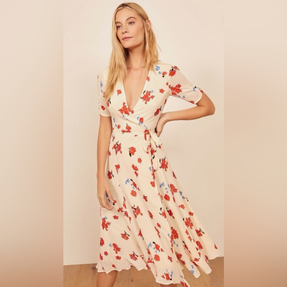 Reformation multicolored and floral Napa wrap midi dress in size 2